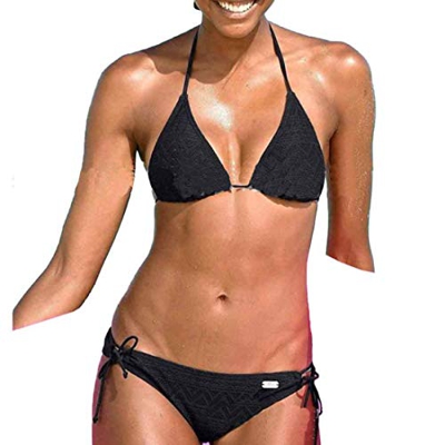 Inlefen Bikini Conjunto de triángulo de Red para Mujer Traje de baño Traje de baño de Dos Piezas de Encaje Espesar Bañador（Negro-M）