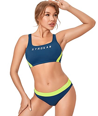 SYROKAN Mujer Bikini Traje de Baño Dos Piezas Deportivo Top Racerback Acolchado Cerámica Azul S