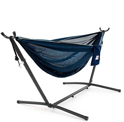 Vivere C9MESH-42 Hamaca Doble de Malla Azul Marino/Turquesa con Soporte de Acero para Ahorrar Espacio