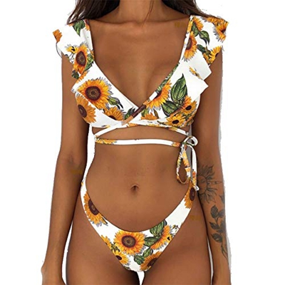 CheChury Conjunto de Bikini Traje De Baño de Dos Piezas de Mujer Sujetador Acolchado Floral Impresión Estampado Bikini Traje de baño para El Verano