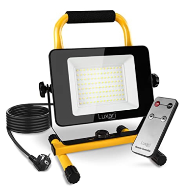 Luxari Foco de construcción LED [60W y 5400LM] - Lámpara de construcción regulable IP65 resistente al agua - 5m de cable y mando a distancia - Foco de