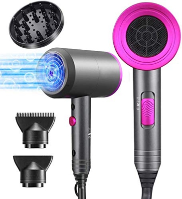 Secador de pelo de iones profesional, 1800 W, con 3 boquillas de peinado y difusor, 3 velocidades de calor y botón independiente de calor/frío