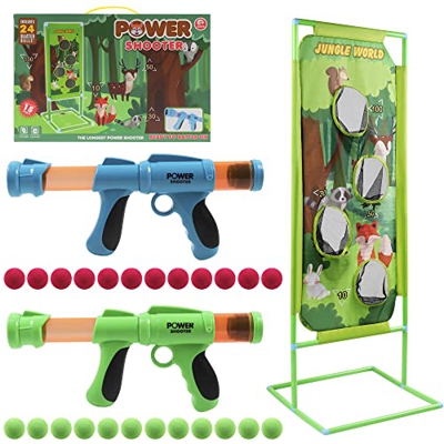 Lanzador Pelotas Espuma y Objetivo de Tiro, 2 Pcs Juguete Power Gun con Objetivo de Disparo de Pie, Niños, Juguete de rol para Interiores y Exteriores