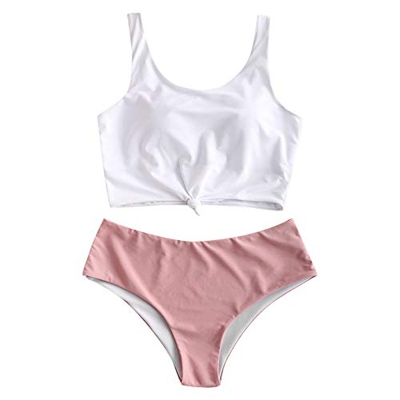 Zaful Traje de baño de dos piezas para mujer, traje de baño acolchado con estampado floral y cordones, tankini de tiro alto, rosa-1, M