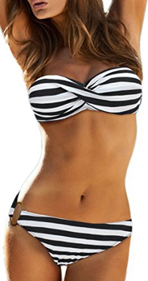 EUDOLAH Bikini Push Up Mujer Chica con Capestro Sets Traje de Baño Retorcido Linda para Piscina Playa e a Rayas Negras,S