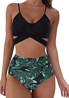 CheChury Mujeres Cintura Alta Bikini de Dos Piezas Sexy Push Up Espalda Cruzada Vendaje Anudado Tops y Retro Pliegues Braguitas Conjunto de Ropa de Pl