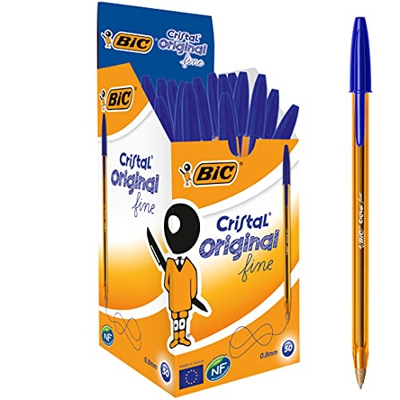 BIC Cristal Original Fine, Boligrafos Punta Fina (0.8mm), Óptimo para Uso Escolar y de Oficina, Caja de 50 Unidades, Azul
