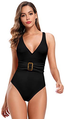 SHEKINI Traje De BañO De Una Pieza para Mujer Traje De BañO Monokini con Escote En V Profundo Vientre con Traje De Correa Ancha (Negro, XL)