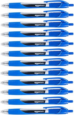 Amazon Basics – Bolígrafos de punta retráctil y tinta de gel, pack de 12 unidades, punta fina, color azul
