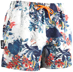 Luvanni Bañador para hombre, de secado rápido, 29 cm, con cordón, bañador para hombre, con estampado de hojas, hojas y flores, tropical, azul, blanco, características