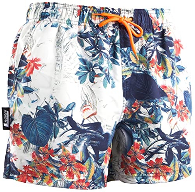 Luvanni Bañador para hombre, de secado rápido, 29 cm, con cordón, bañador para hombre, con estampado de hojas, hojas y flores, tropical, azul, blanco,