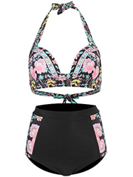 FLYILY Traje de baño para Mujer Talle Alto Acolchado Halter Playa bañador(Flower,XL) en oferta