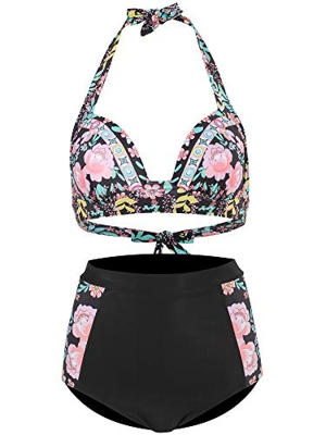 FLYILY Traje de baño para Mujer Talle Alto Acolchado Halter Playa bañador(Flower,XL)