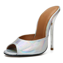 Women's Men's Crossdressing Mule Heels Peep Toe Backless Stiletto Slip On Sandals Dress Party Shoes Plus Size silver-42 precio