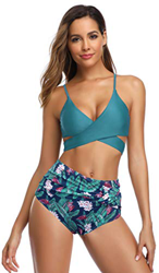 SHEKINI Mujer Traje de Baño de Dos Piezas Cuello de V Halter Ajustable Bikini Top Retro Impresión Bikini Set Cintura Alta Control Abdominal Parte Infe características