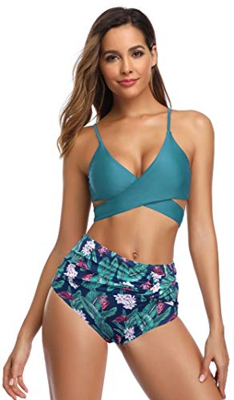 SHEKINI Mujer Traje de Baño de Dos Piezas Cuello de V Halter Ajustable Bikini Top Retro Impresión Bikini Set Cintura Alta Control Abdominal Parte Infe