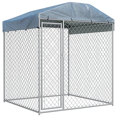 Cerlingwee Casa de Perro de Metal, Perrera con Marco de Acero Galvanizado Resistente a la Intemperie con Dosel Superior para Jugar Y Entrenar