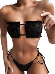 Mujeres Bikini Traje De Baño Sin Tirantes Plisado Cordón Arriba Sólido Atractivo Dos Pieza Bañarse Traje Negro XS en oferta