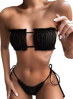 Mujeres Bikini Traje De Baño Sin Tirantes Plisado Cordón Arriba Sólido Atractivo Dos Pieza Bañarse Traje Negro XS