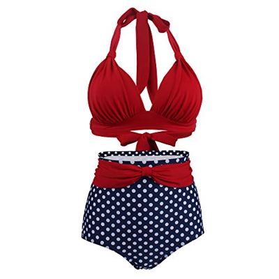 VILOREE Bikini vintage de los 50s para mujer, con sujetador push up, cintura alta, sujeción al cuello, Pantalones cortos de color rojo y azul., S