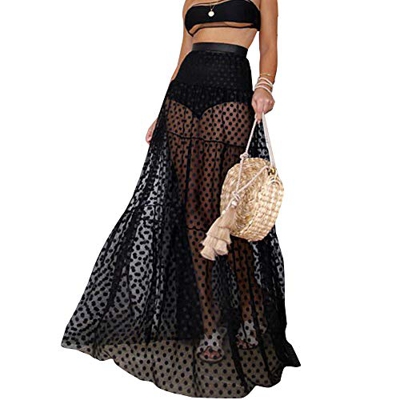 Falda de Bikini Bordado Puntos Redondos para Mujer Transparente Ropa de Baño Playa Suelta de Moda Falda Larga para Bikini Verano etc (Negro, XL)