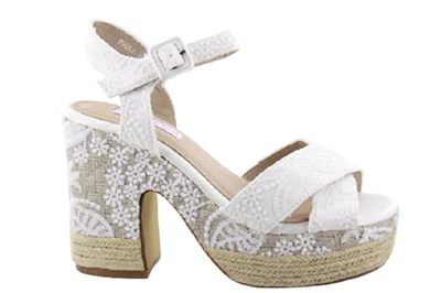 Alpargatas boda blancas Plataforma tacon. Sandalias Novia mujer esparto con encaje blanco y pala cruzada. Talla: 37