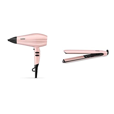 BaByliss 5337PRE Secador de pelo Rose Blush 235, 2200W, Motor DC + BaByliss 2498PRE Plancha de pelo Rose Blush 235 con placas flotantes extra largas d
