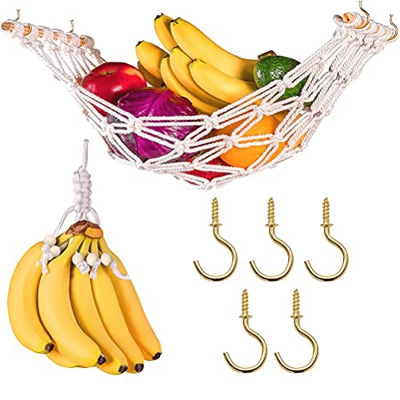 Hamaca de macramé de frutas, almacenamiento de frutas, hamaca colgante de red bohemia, cesta de algodón con gancho de tornillo, adecuada para almacena