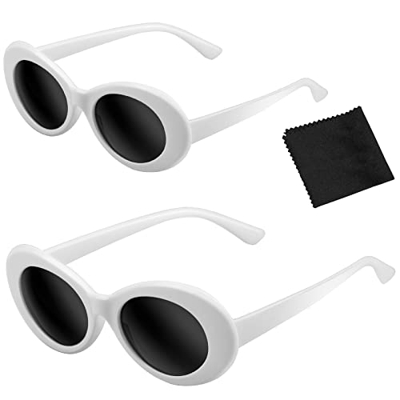 KAONESS 2 Piezas Retro Gafas de sol Ovaladas - UV400 de Protección Anteojos Kurt Cobain Gafa de Sol para Mujer y Hombre--Blanco