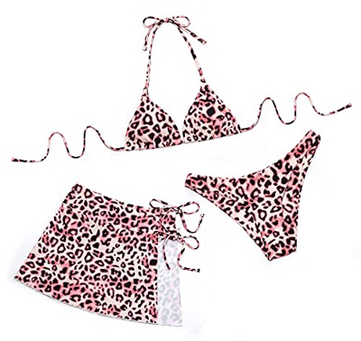 SHEKINI Mujer Traje de Baño 3 Piezas Clásico Halter Ajustable Triángulo Bikini Top Cintura Baja Parte Inferior del Bikini Y Falda Envolvente de Cadera