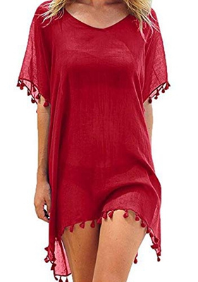 UMIPUBO Mujer Ropa de Baño Suelto Vestido de Playa Borla Verano Camisolas y Pareos Transparente Bikini Cover up (Rojo)