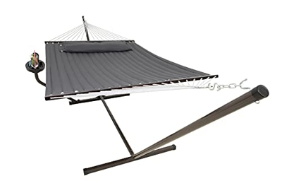 Hamaca con soporte con cupholder y almohada desmontable, hamaca para 2 personas, capacidad resistente de 450 libras, hamaca interior y exterior: patio