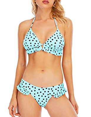 GALEBOVA Conjunto de Bikini Trajes de baño para Mujer Patrón de corazón Macaron con Volantes (Azul, S)