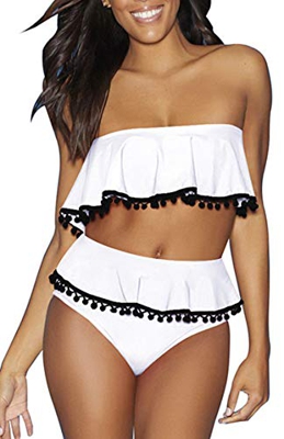 Mujer Traje de Baño Volantes Borla Tops con Pompon Fuera del Hombro Bikini de Dos Piezas Ropa de Playa de Cintura Alta