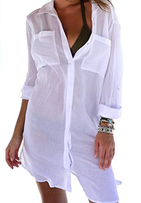 Vestidos Verano para Mujer Botón de Bolsillo Camisa de Playa Manga Larga Casual de Color Sólido