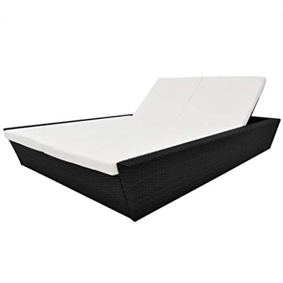 vidaXL Tumbona Doble con Toldo de Jardín Hamaca para Dos Personas con Dosel Piscina Terraza Exterior Porche Poli Ratán Sintético Negro Cojines Crema