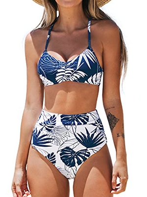 CUPSHE Conjunto de Bikini Fruncido Delantero Braguita Estampada, Azul, XS
