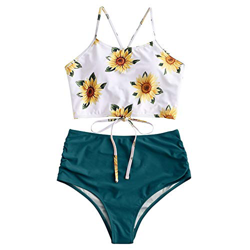 ZAFUL Tankini Set con Relleno Estampado Tirantes Anudados Braguita Talle Alto para Mujer, L en oferta