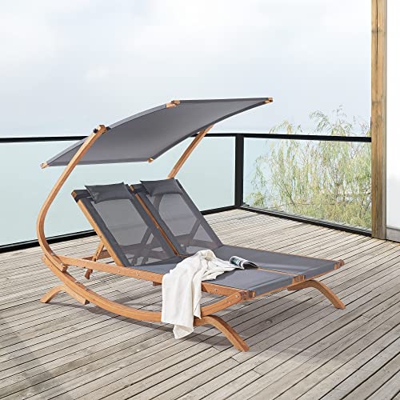 [en.casa] Tumbona para 2 Personas Cama Solar Doble Independiente Reposacabezas Exterior Cama para Jardín Techo Parasol Toldo Ajustable Alerce PVC Poli