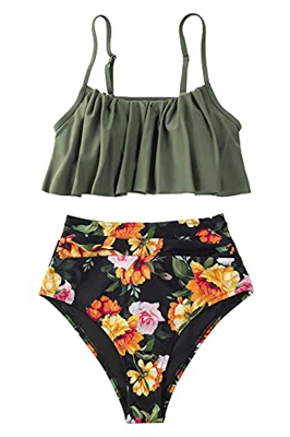 CUPSHE Conjunto de Bikini de Cintura Alta Volantes Traje de Baño de Dos Piezas, XS