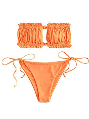 ZAFUL Set de bikini tipo bandeau Tie Cutout para mujer, Naranja-3, L
