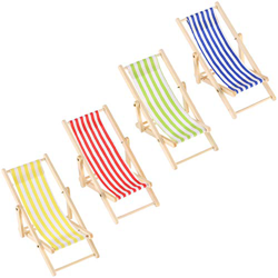 4 Piezas 1:12 Silla de Playa de Madera Plegable de Miniatura Tumbona Mini Muebles Accesorios en Rayas Rojas Azules Amarillas para Artesanía Decoración en oferta