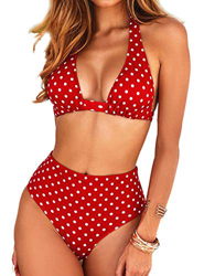 Bikini de Mujer Conjunto de 3 Piezas de Cuello Halter Traje de Baño de Estampado Floral de Cintura Alta para el Verano（Punto de Onda Roja,XL precio
