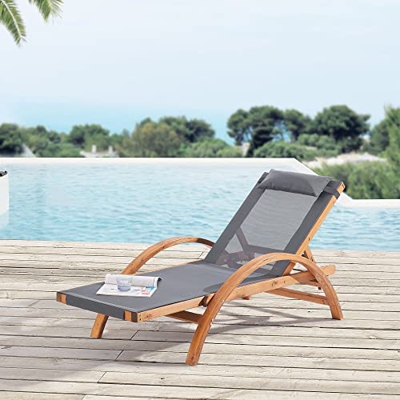 [en.casa] Tumbona Cama Solar Silla de Jardín Respaldo Ajustable con Reposacabezas y Reposabrazos hasta 120 Kg Alerce y Textil 195 x 75 x 94 cm Gris Os