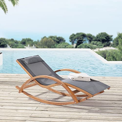 [en.casa] Mecedora de Jardín Tumbona Silla de Balanceo con Reposacabezas y Reposabrazos Alerce Textil 167 x 71 x 73 cm Gris Oscuro Natural
