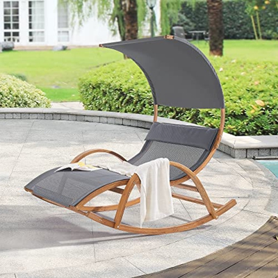 [en.casa] Mecedora de Jardín Tumbona con Reposacabezas Balancín con Techo Alerce Masivo PVC Poliéster 181 x 135 x 190 cm Natural Gris Oscuro