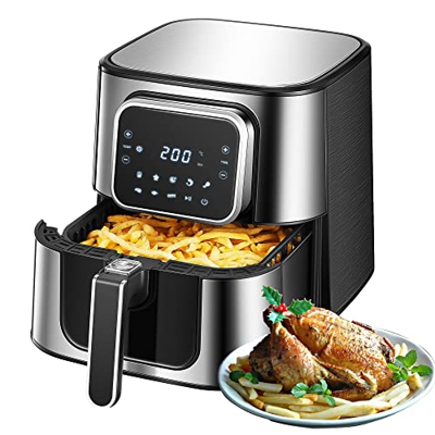 Freidora sin Aceite , 5,5 litros XXL Acero inoxidable, Fácil de limpiar, 8 Programas 40 + Receta, LED-display, Tiempo y temperatura ajustables, Plata,