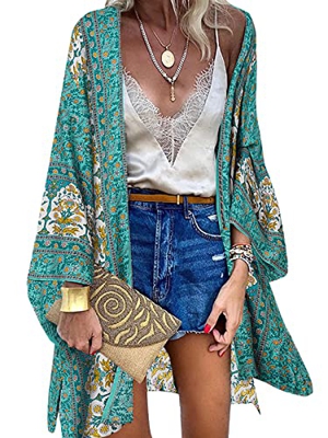 ZANZEA Mujer Gasa Cárdigan Floral Kaftan Playa Kimono Pareos Bohemia Suelto Verano Cover Up Blusa Homewear Tops Bohe Verde S