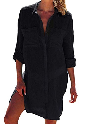 Vestidos Verano para Mujer Botón de Bolsillo Camisa de Playa Manga Larga Casual de Color Sólido