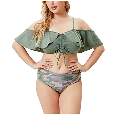 JHYX Tankini para mujer de tallas grandes, traje de baño con volantes y divisiones, parte superior de bikini, pantalones de playa, traje de baño elega